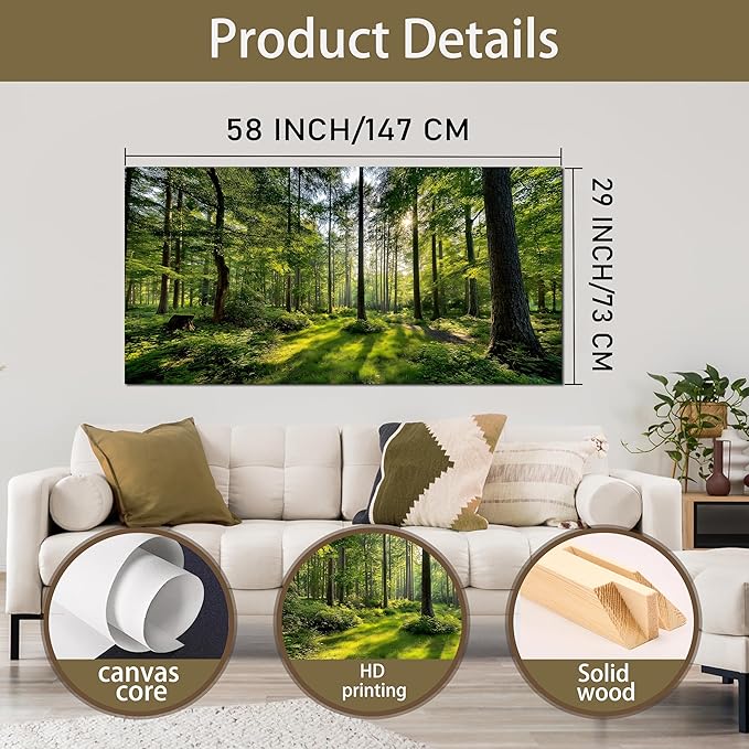 Tarfupth Large Forest Wall Art for Living Room Green Woodland Landscape with Sunlight Modern Nature Wall Decor for Bedroom Office Home Decor 29"x58"