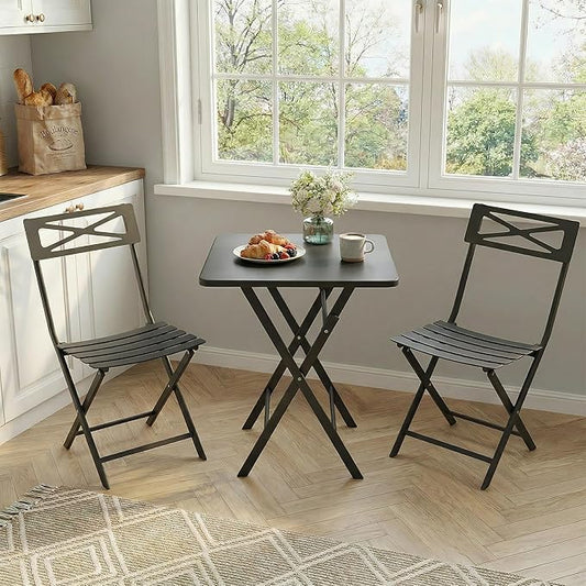 Outdoor Square Bistro Set 3 Piece, Black Iron Tube Patio Furniture Set with Square Table & 2 Chairs, Foldable Steel Backyard Deck Porch Garden , Space Saving Outdoor Dining Set for Small Spaces