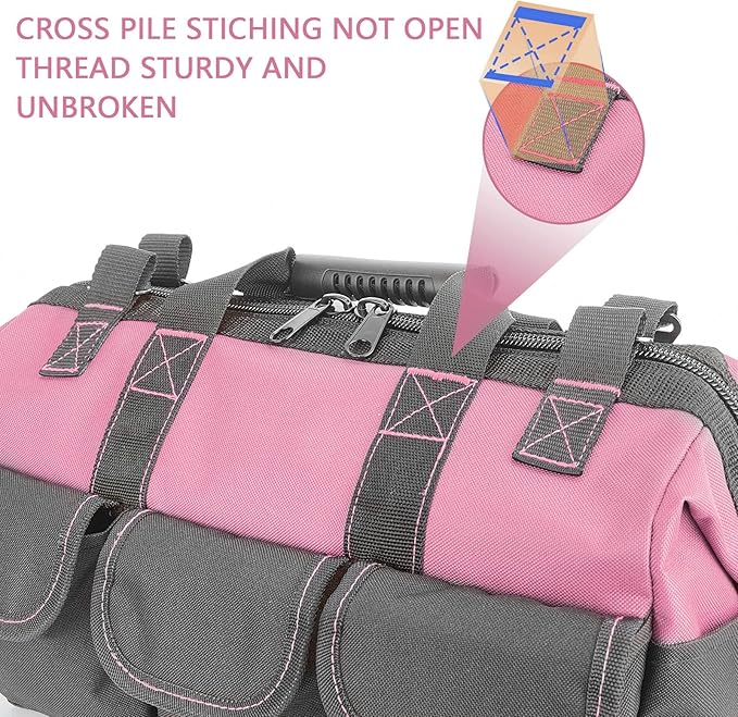 Garden Tools Bag 16inch Wide Mouth Women's Tool Bag with Molded Base and Plastic-Padded, Inside Pockets for Tool Storage,600D polyester fabric (Pink color)