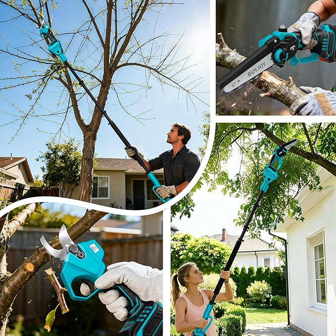 4-in-1 Pole Saw & Electric Pruning Shears, 1.4" Cutting Diameter Cordless Pruner, 6 Inch Chainsaw for Tree Trimming, 9.5ft Max Extension Pole, 2 x 4.0Ah Batteries, Battery Powered Pole Saw for Garden