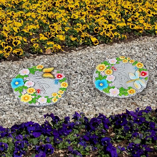 2 Pack Garden Stepping Stones Outdoor 10 Inch Round Cement Stepping Stones with Hand-Painted Flowers, Butterfly & Dragonfly, Decorative Pavers for Outside Walkway Patio Yard
