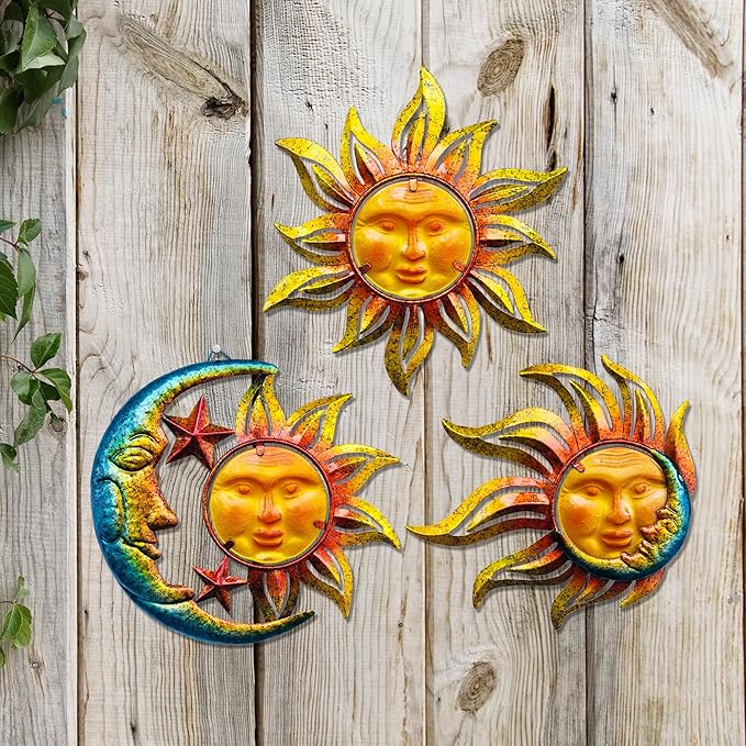 Sun Face Metal Wall Art Décor Outdoor Indoor, Sun Moon Star, Metal Glass Hanging for Garden Sun Face Sculptures & Statues Statues Wall Art for Farmhouse, Patio, Garden Decoration(3 Pack)