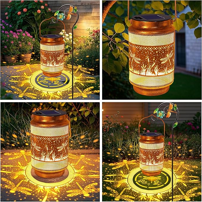 2 Pack Dragonfly Solar Lanterns Outdoor Waterproof Solar Garden Decor, Birthday Gifts for Mothers Day Women Mom Grandma, Metal Hanging Lights with Shepherd Hook for Outside Yard Patio Pathway Porch