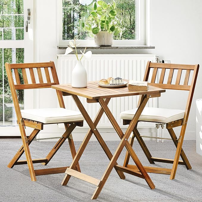 IDZO Heavy Duty 400lbs Capacity Patio Bistro Sets, 3 Piece Outdoor Folding Chairs with Cushions and Square Table, FSC-Certified Acacia Wood, Space-Saving Design for Balcony, Garden and Porch