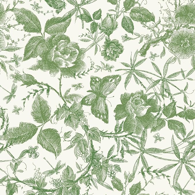 JiffDiff Floral Vintage Wallpaper Peel and Stick，Green Rose Wallpaper Removable