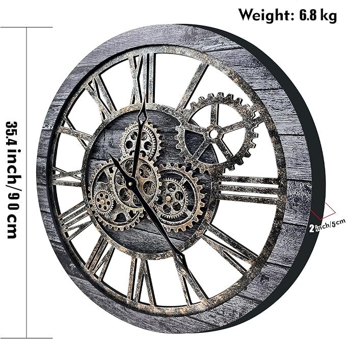 The B-Style Large Wall Clock 24 inch Moving Gear Wall Clock Oversized Vintage
