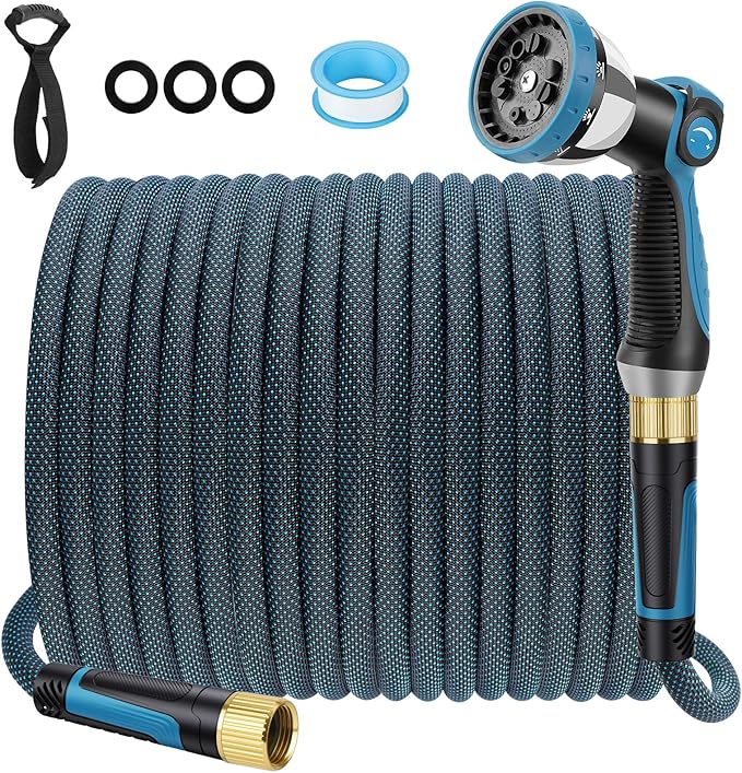 Non-Expandable Garden Hose 75 FT, Lightweight Hose with 10 Function Spray Nozzle, Kink-Free Flexible Water Hose, Durable, Leak-Proof, 360° Swivel Connectors, Portable Storage Strap