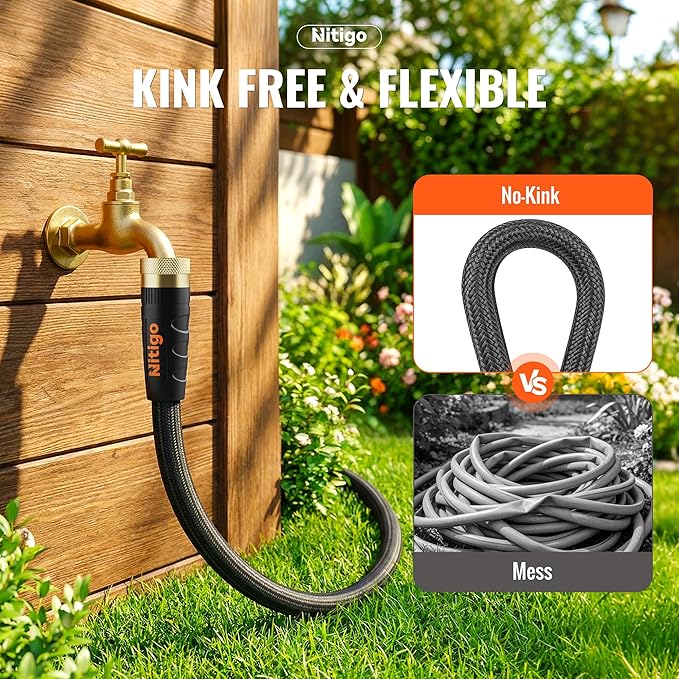 Nitigo Ultra Lightweight Garden Hose 100FT, Non-Expanding Water Hose with 10-Function Nozzle, Wear-Resistant Nylon Outer Layer, No-Kink, Leak-Proof, Burst 280 PSI for Yard, Outdoor (3/4" GHT)