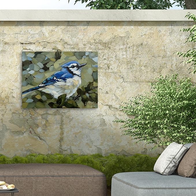 Outdoor Canvas Art - Andrea Lavery 'Bluejay Day' Wall Art for Outdoor Spaces, Patios, or Gardens by Trademark Fine Art