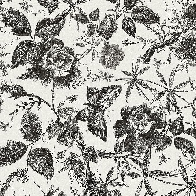 JiffDiff Floral Vintage Wallpaper Peel and Stick Wall Stick Black Rose