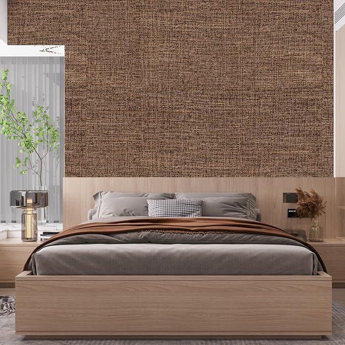 Brown Grasscloth Peel and Stick Wallpaper 17.3"x480" Faux Linen Textured