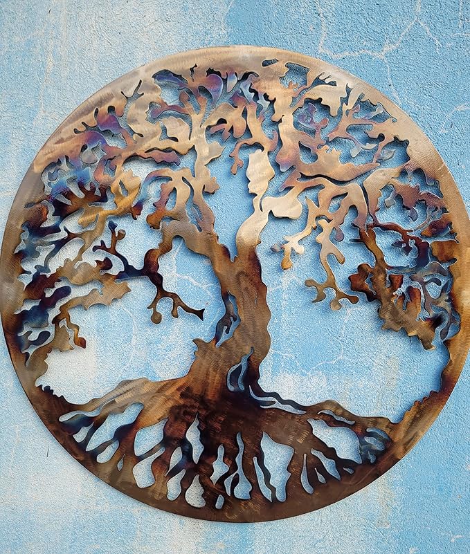 Tree Of Life Metal Art Wall Decor, 23.5 inches, Heat Colored