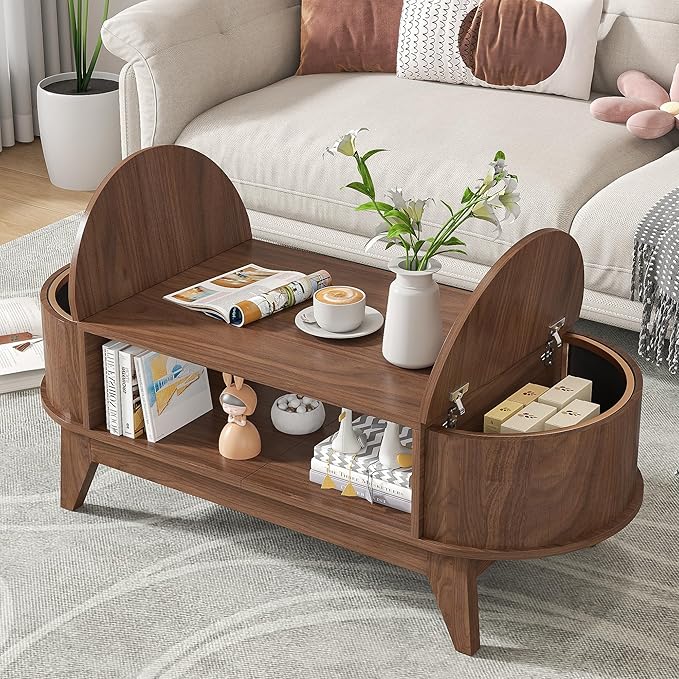 Coffee Table with Storage,Mid Century Modern Coffee Tables with 2 Flip-Top Hidden Lids,Fluted Coffee Table,Wood Center Tables for Living Room Home Office (Walnut Color)
