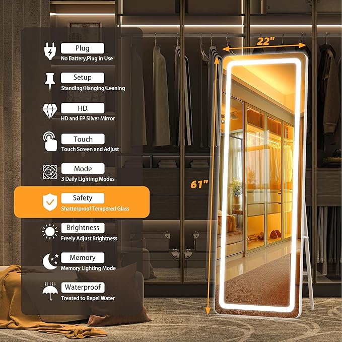 Hasipu Full Length Mirror with Lights, Full Body Dressing Standing, Hanging