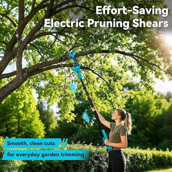 4-in-1 Pole Saw & Electric Pruning Shears, 1.4" Cutting Diameter Cordless Pruner, 6 Inch Chainsaw for Tree Trimming, 9.5ft Max Extension Pole, 2 x 4.0Ah Batteries, Battery Powered Pole Saw for Garden
