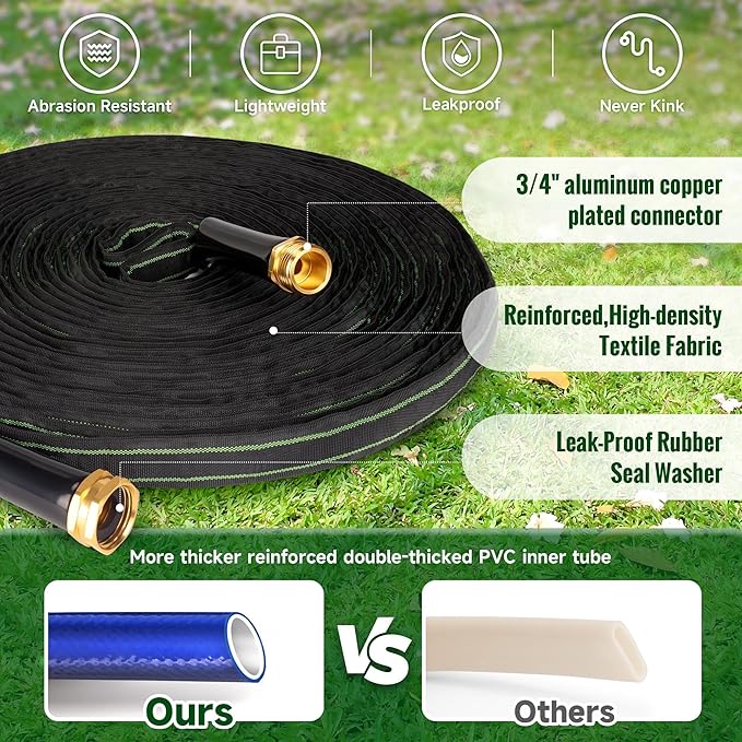 Garden Hose 75ft Flexible Water Hose Non-Expandable High Pressure Kink-Free Leakproof Durable Portable Lightweight Outdoor Yard Lawn Black Fabric Watering Hose with 3/4" Aluminum Fittings