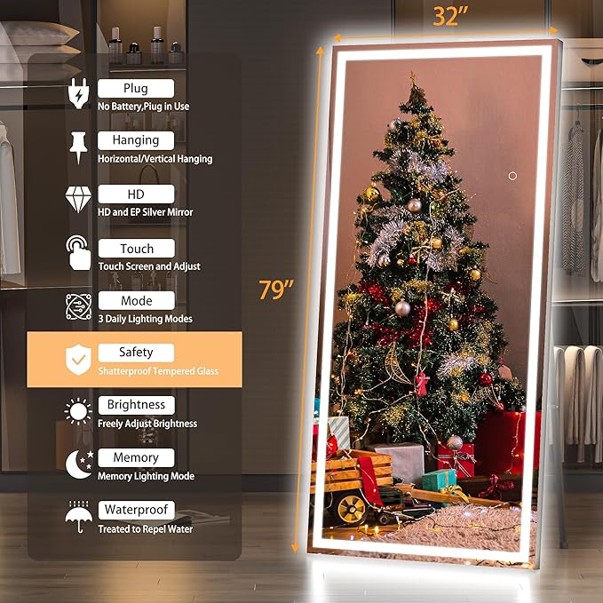 Hasipu Full Length Mirror with Lights, Full Body Dressing Hanging Mounted Mirror