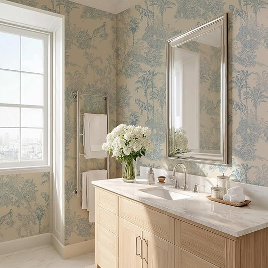 RollsRolla Toile Blue and White Peel and Stick Wallpaper Accent Wall French