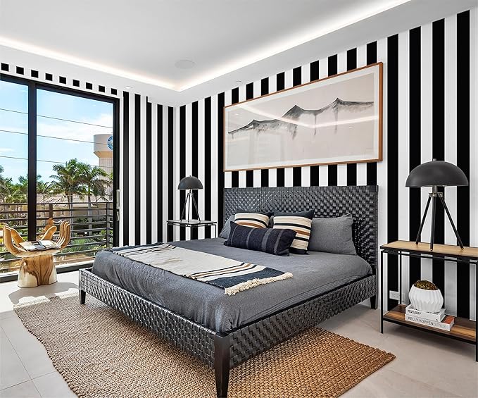Guvana 472.4"x17.7" Striped Peel and Stick Wallpaper Black and White