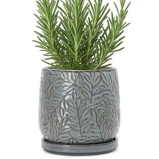 D'vine Dev 6 Inch Embossed Leaves Stoneware Planter Pot with Drainage Hole and Saucer, Graphite Blue, 27-A-X-9