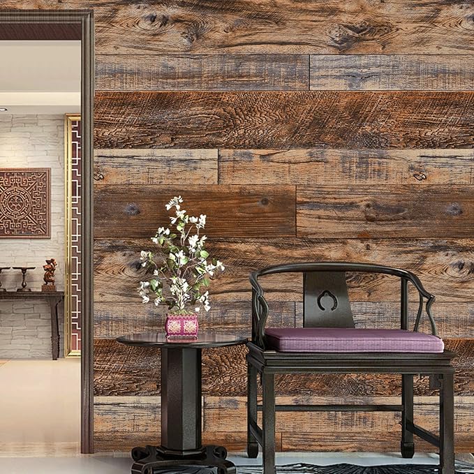 WENMER 17.71" x 78.7" Brown Wood Peel and Stick Wallpaper Shiplap Self Adhesive