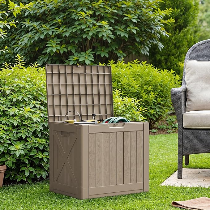Flamaker Resin Deck Box 40 Gallon Waterproof Outdoor Indoor Storage Box Imitation Wood Resin for Patio Furniture Garden Tools and Pool (Brown)