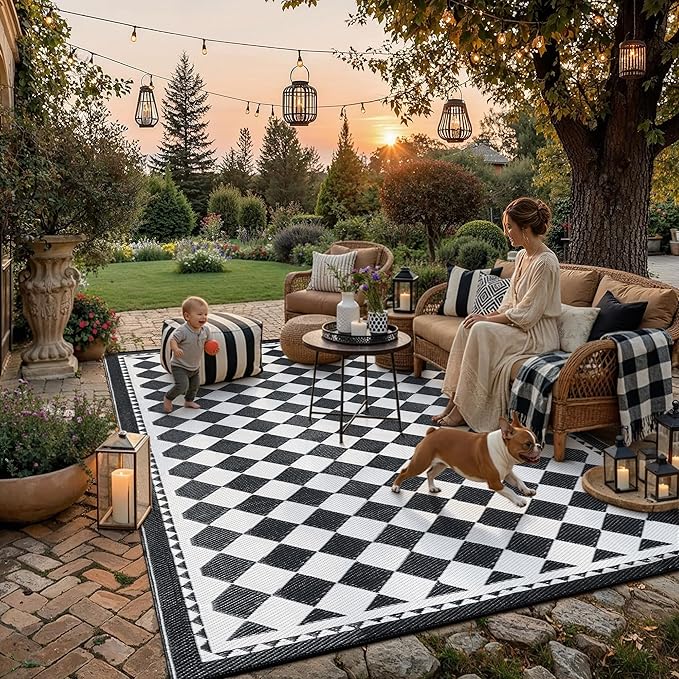 HUGEAR Outdoor Waterproof Rug 8'x10' Plastic Straw Rugs Washable Reversible Floor Mat Black/White Plaid Carpet for Camping RV Deck Entryance Porch Picnic Balcony Beach Backyard