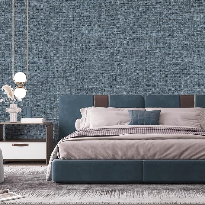 Blue Gray Grasscloth Peel and Stick Wallpaper 17.3"x480" Faux Linen Textured