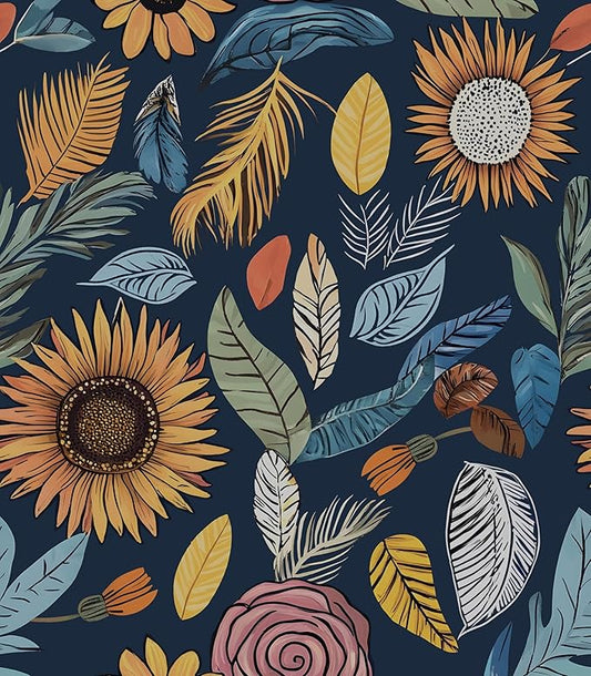 Blue Boho Wallpaper Peel and Stick, Vintage Floral Contact Paper 17.5" x 118"