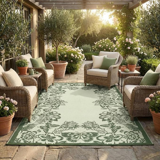 Garvee 5âx8â Waterproof Patio Outdoor Rug, Outdoor Plastic Straw Rug for Camping, RV Mat Outside, Indoor Outdoor Carpet for Porch, Deck, Backyard, Balcony, Picnic, Ssage Green & White
