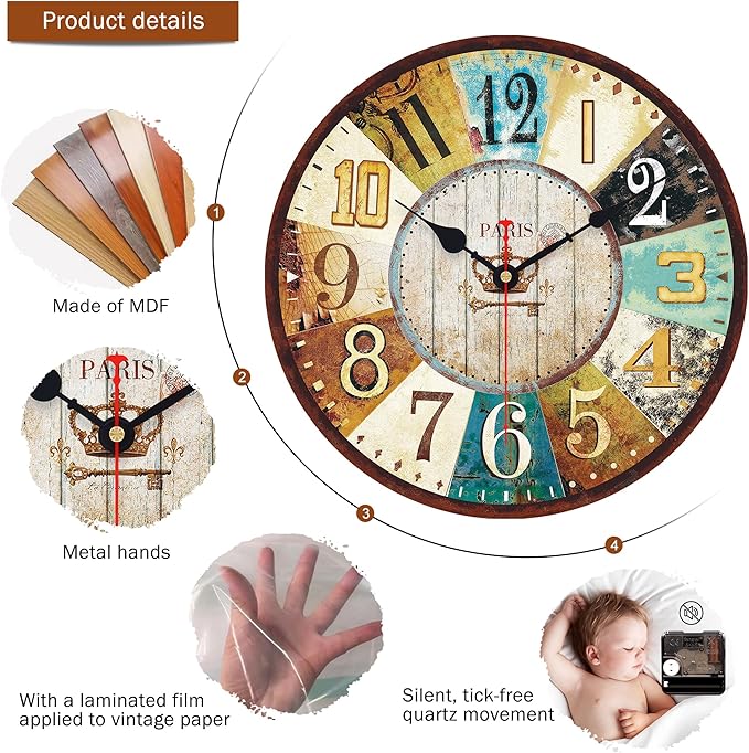 VIKMARI 14 Inch Wooden Wall Clock Battery Operated Retro Rustic Decorative Clock