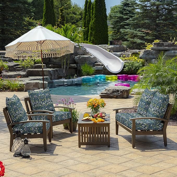 Arden Outdoor Foam Deep Seat Cushion Set (2-Pack), 24x24, Premium High-Density Foam, Never Flattens, Weather-Proof for Patio Chair Sofa Couch, Sapphire Aurora Blue Damask