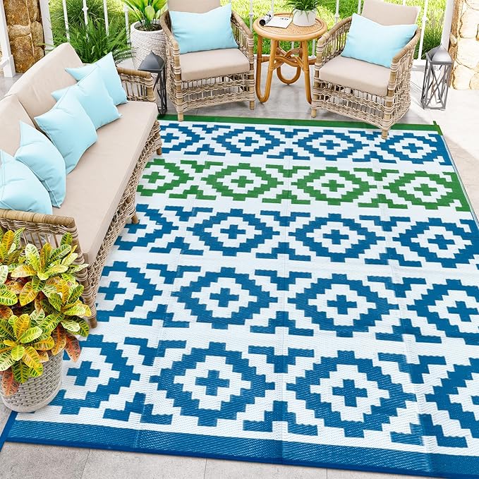 Anidaroel Camping Rug for Outside RV, 8x10 Waterproof Outdoor Rug for Patio Clearance, Reversible Plastic Straw Outside Area Rug for Deck, Camper, Backyard, Picnic(Blue&Green, 8âx10')