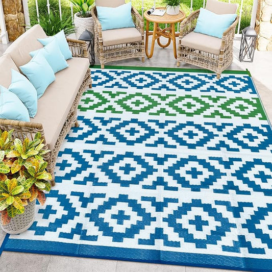 Anidaroel Camping Rug for Outside RV, 8x10 Waterproof Outdoor Rug for Patio Clearance, Reversible Plastic Straw Outside Area Rug for Deck, Camper, Backyard, Picnic(Blue&Green, 8âx10')