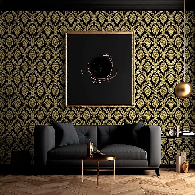 Peel and Stick Wallpaper Black and Yellow Damask Wallpaper