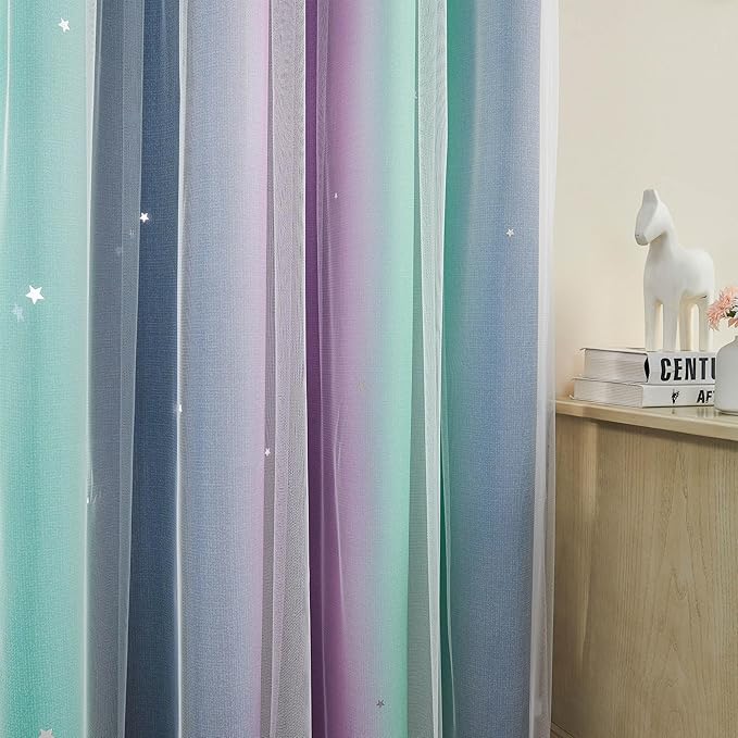 XiDi Curtains for Bedroom Decor, Rainbow Purplgreen grey34/45