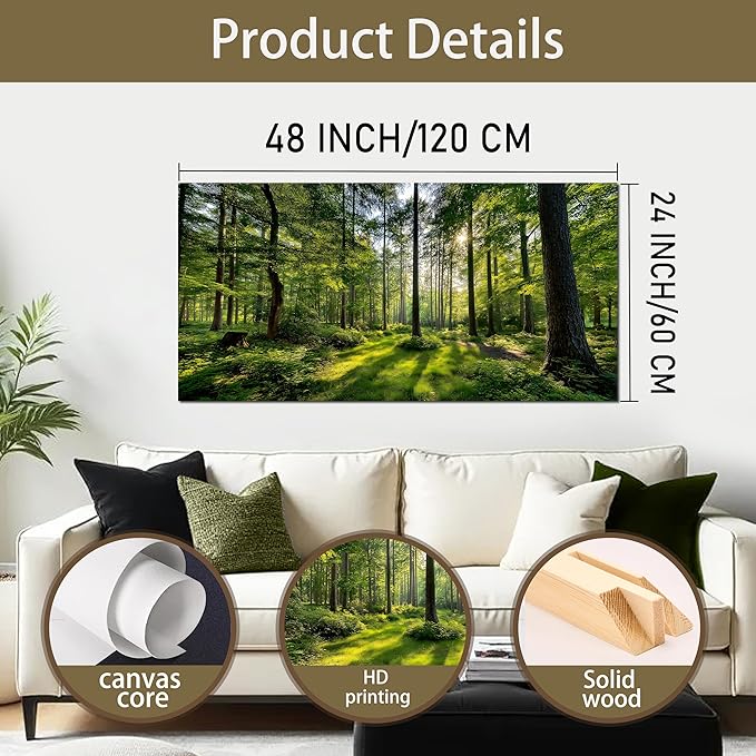 Tarfupth Large Forest Wall Art for Living Room Green Woodland Landscape with Sunlight Modern Nature Wall Decor for Bedroom Office Home Decor 24"x48"