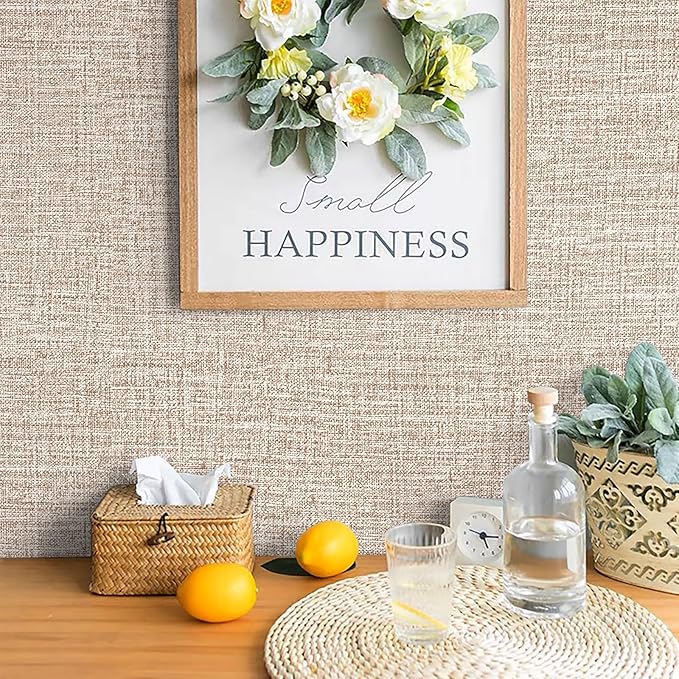 Khaki Grasscloth Peel and Stick Wallpaper 17.3"x1200" Faux Linen Textured