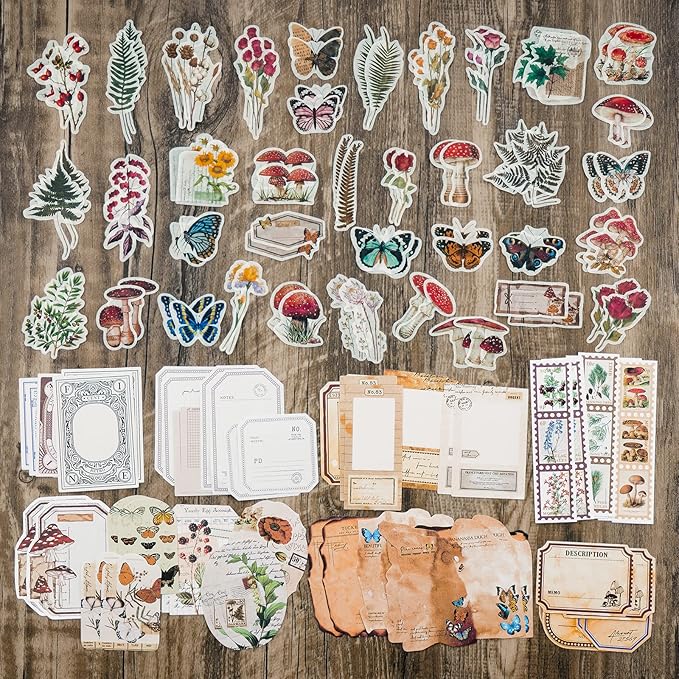 Knaid Vintage Scrapbook Supplies Pack (200 Pieces) for Junk Journal Bullet Journals Planners Botanical Paper Stickers Craft Kits Aesthetic Cottagecore Collage Album (Nature)
