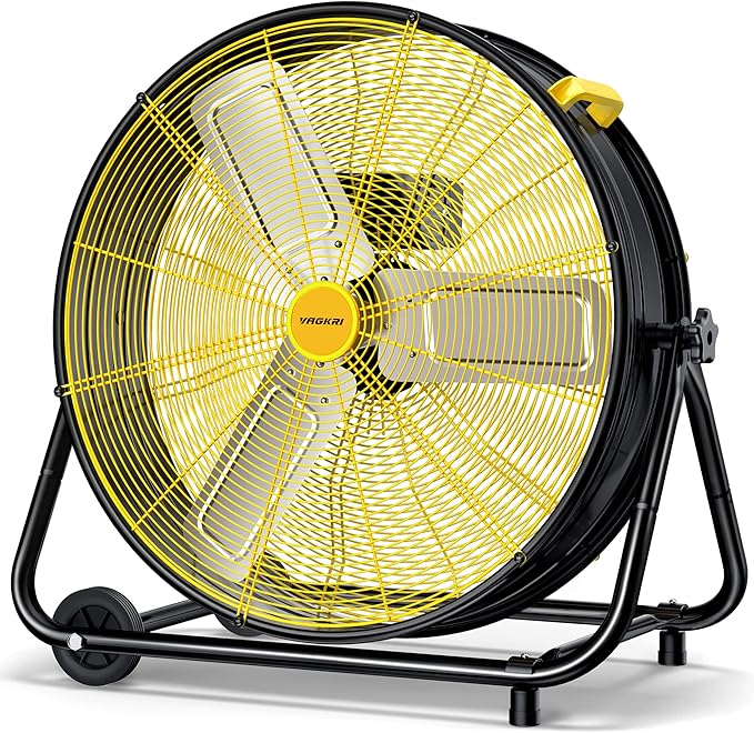 VAGKRI 24 Inch Industrial Drum Fan, 320W High Velocity Floor Fan, 3 Speed Heavy Duty Metal Air Circulator, 360Â° Tilt with Casters Handle ETL Standard for Patios, Warehouse, Commercial,Basement
