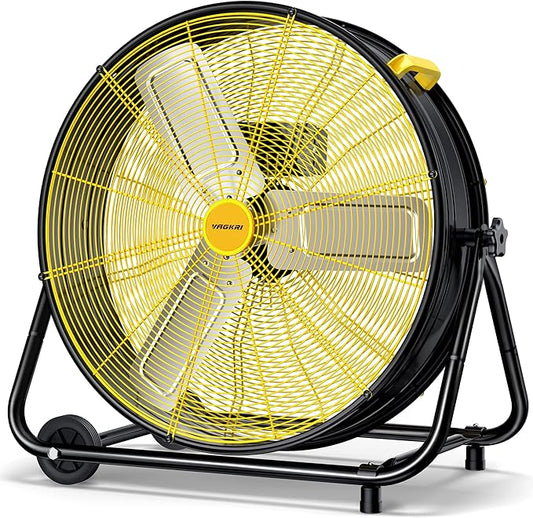 VAGKRI 24 Inch Industrial Drum Fan, 320W High Velocity Floor Fan, 3 Speed Heavy Duty Metal Air Circulator, 360Â° Tilt with Casters Handle ETL Standard for Patios, Warehouse, Commercial,Basement