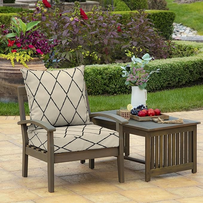 Arden Outdoor Foam Deep Seat Cushion Set (2-Pack), 24x24, Premium High-Density Foam, Never Flattens, Weather-Proof for Patio Chair Sofa Couch, Tan Diamond Trellis