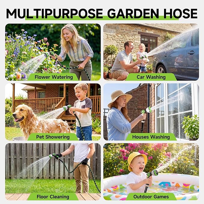 Garden Hose 100 ft Flexible Water Hose Non-Expanding Lightweight Kink-Free Hoses Durable Leak-Proof High Pressure Pipe with 3/4” Brass Fitting 10 Function Nozzle for Outdoor Yard Lawn Car Wash