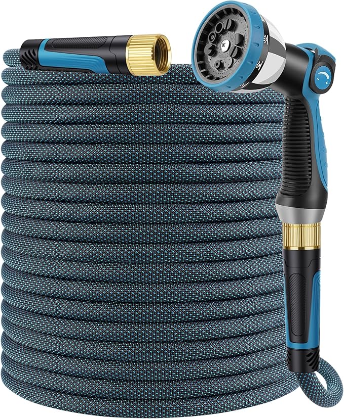Non-Expandable Garden Hose 150 FT, Lightweight Hose with 10 Function Spray Nozzle, Kink-Free Flexible Water Hose, Durable, Leak-Proof, 360° Swivel Connectors, Portable Storage Strap