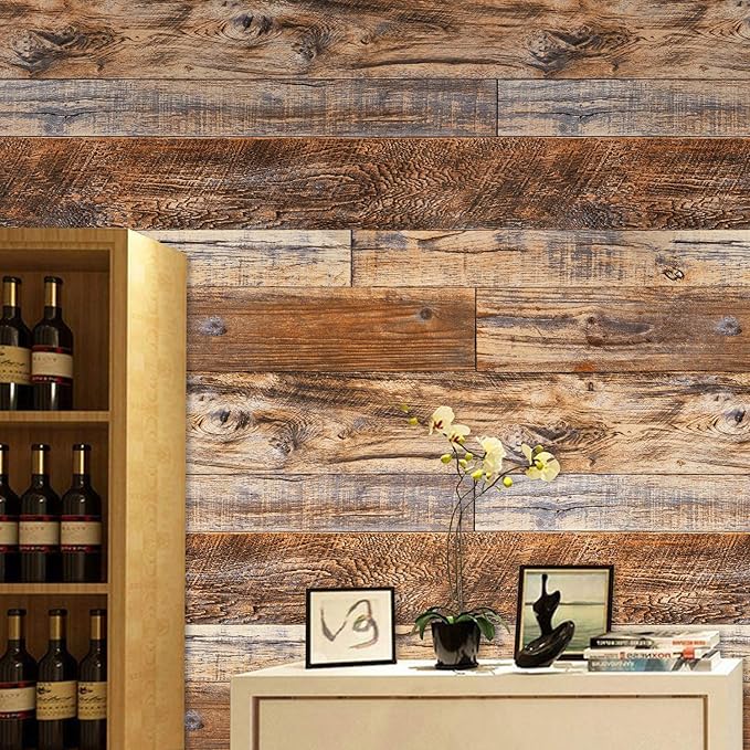 WENMER 11.8" x 118" Brown Wood Peel and Stick Wallpaper Shiplap Self Adhesive