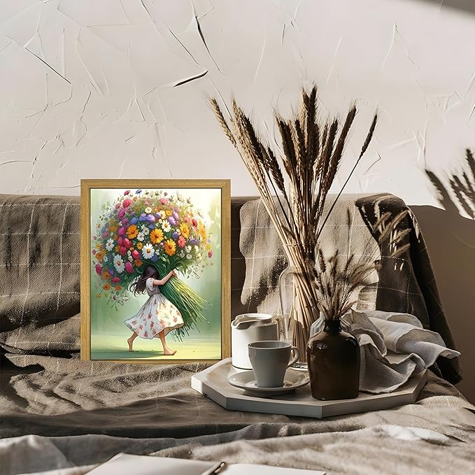 Wood Framed Pink Wildflower Canvas Wall Art, Girl Hugging Flowers Poster Prints