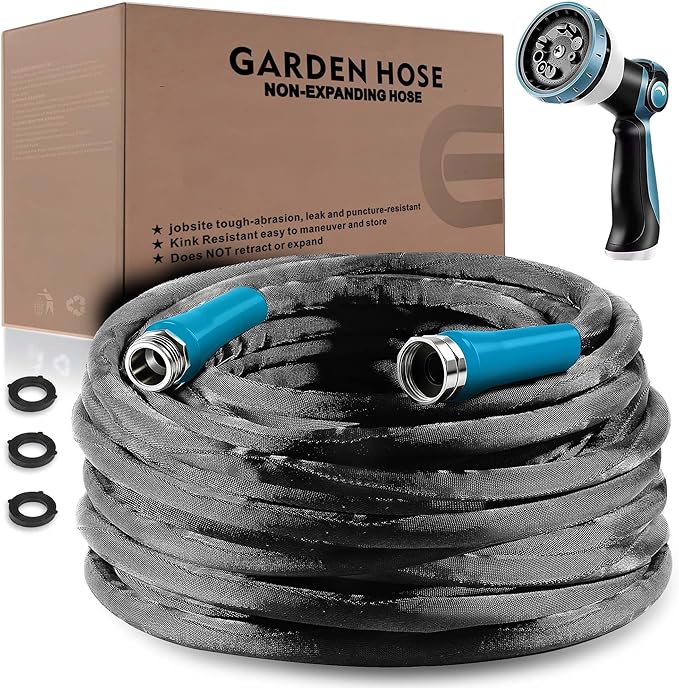 Non-Expandable Garden Hose 50feet, with 10 Function Hose Nozzle, Tough & Flexible, Lightweight, Crush Resistant Fittings, Kink & Tangle Free, Rust Proof（Black）