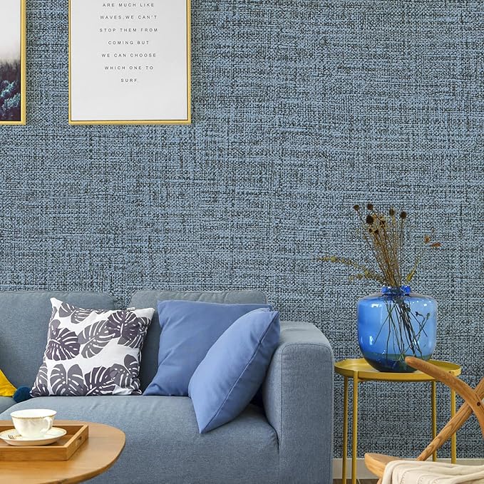 Blue Gray Grasscloth Peel and Stick Wallpaper 17.3"x160" Faux Linen Textured
