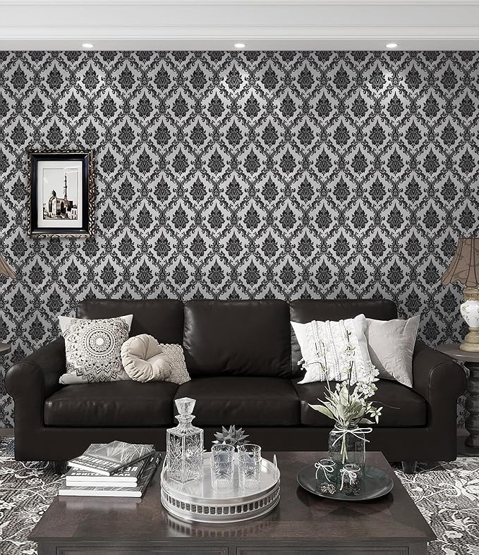 17.7" x 197" Peel and Stick Wallpaper Black Vintage Wallpaper Damask Contact