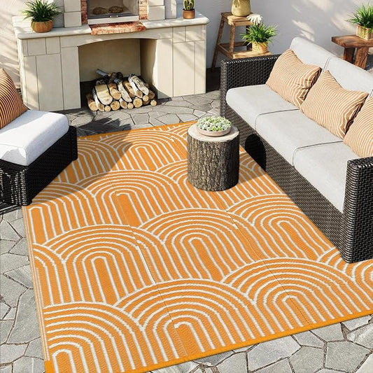Anidaroel Rainbow Patio Rugs Outdoor 8âX10â Waterproof, Reversible Camping Rug for Outside RV, Portable Plastic Straw Outdoor Area Rug for Backyard, Garden, Pool Deck (Orange, 8âX10')